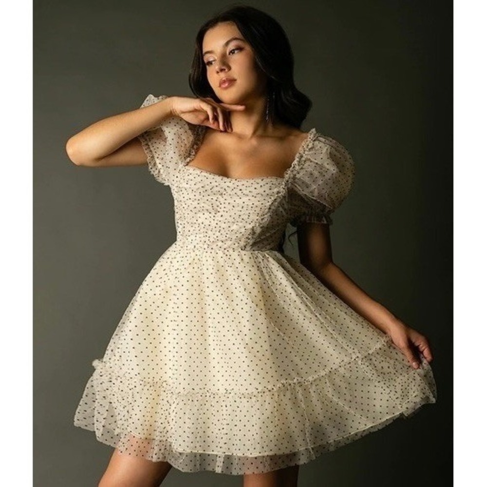 NWT!! Joyfolie MIA JOY Perla Tulle Puff Dress Polka‎ Dots Ivory Black Medium